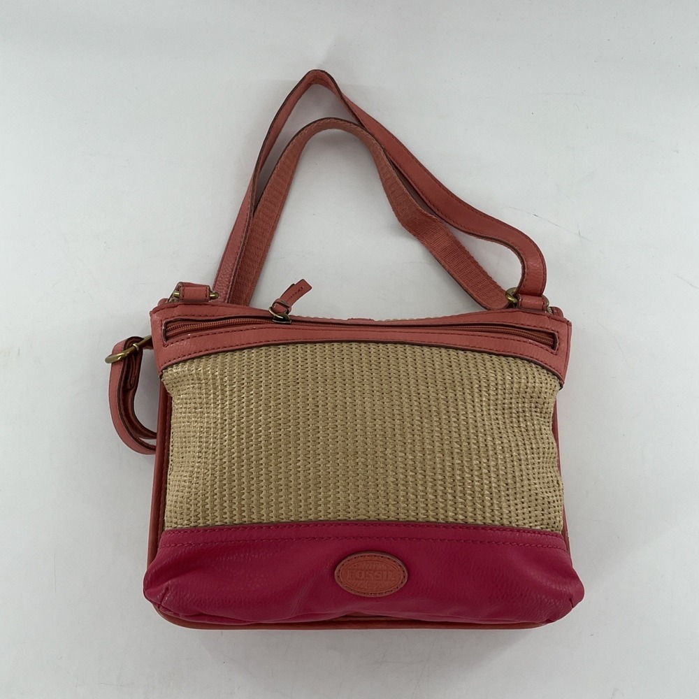 Rare Vintage Fossil Crossbody Messenger Straw & Leather Tablet Bag Pink Coral - Picture 6 of 16